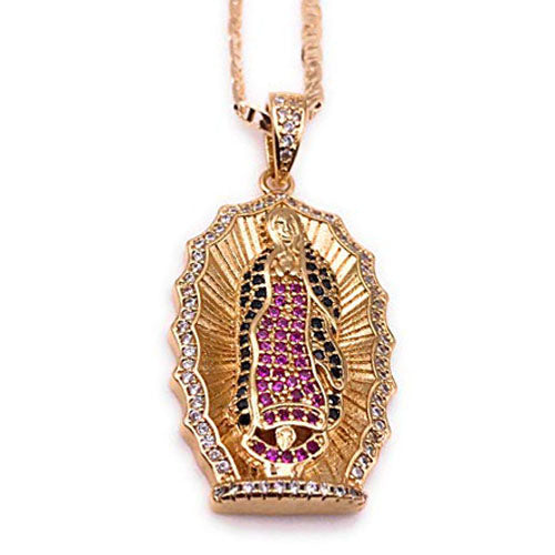 LESLIE BOULES Our Lady of Guadalupe Medal Pendant Necklace for Women 18K Gold Plated Chain