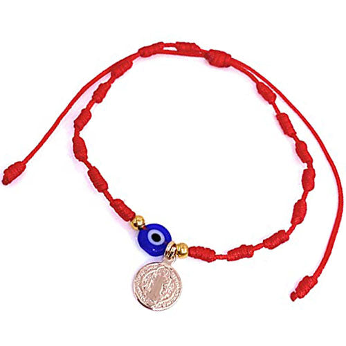 LESLIE BOULES Red Thread Saint Benedict Bracelet with Small Blue Evil Eye Connector Protection Jewelry