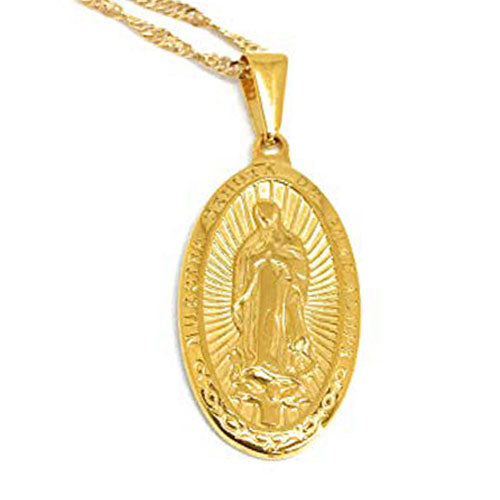 LESLIE BOULES 18K Gold Plated Guadalupe Medal Necklace 18 Inches Length Virgin Mary Jewelry