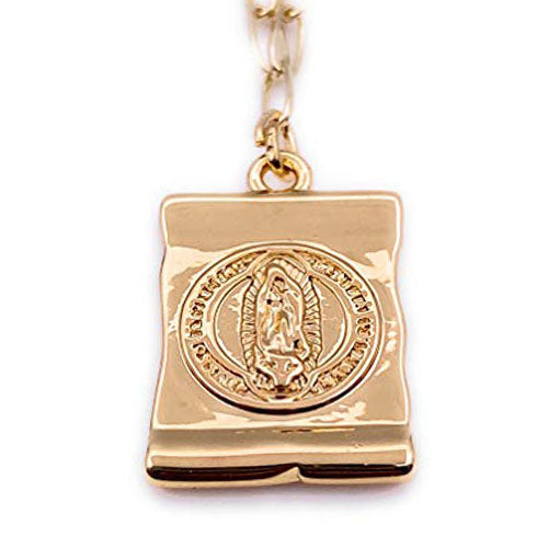 LESLIE BOULES Guadalupe Vintage Pendant Necklace 18K Gold Plated Chain Religious Jewelry