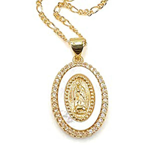 LESLIE BOULES Virgen de Guadalupe Medal Necklace 18K Gold Plated Chain Religious Jewelry for Women