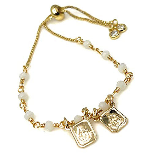 LESLIE BOULES Catholic Scapular Bracelet with White Crystal Beads Adjustable Chain