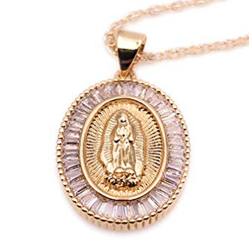 LESLIE BOULES Guadalupe Rhinestone Pendant Necklace for Women 18K Gold Plated Chain Religious Jewelry