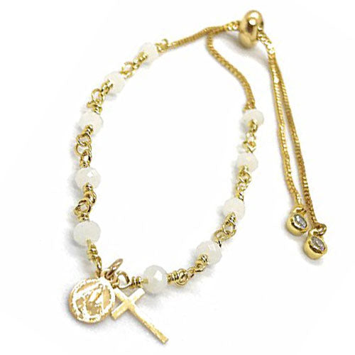 LESLIE BOULES Rosary Gold Bracelet for Women White Crystal Beads Chain Miraculous and Tiny Cross Pendants