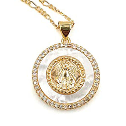 LESLIE BOULES Virgen La Milagrosa Round Medal Necklace 18K Gold Plated Chain Religious Jewelry for Women