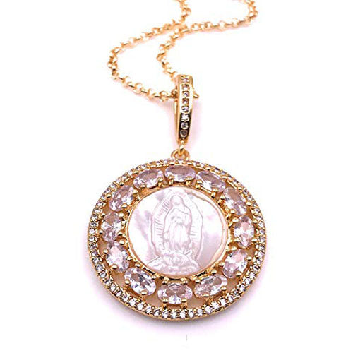 LESLIE BOULES Virgen de Guadalupe Rhinestone Pendant Necklace for Women 18K Gold Plated Chain