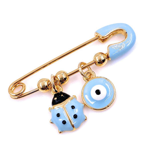 LESLIE BOULES 18K Gold Plated Brooch Pin for Baby Blue Ligth Evil Eye & Tiny LadyBug Pendants Protection Jewelry