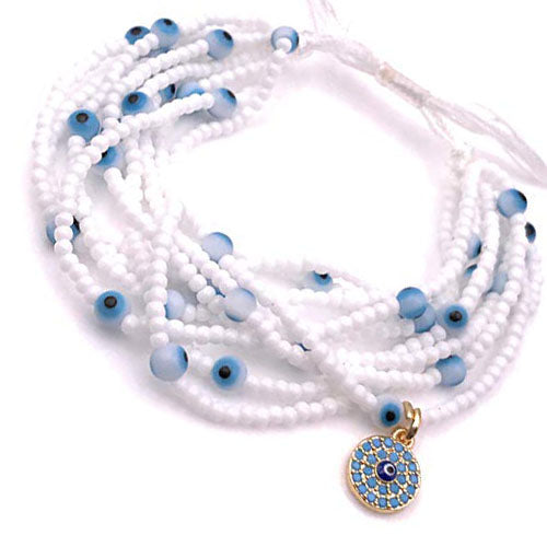 LESLIE BOULES Boho Multi Strand Glass Seed Beads Evil Eye Pendant Adjustable Tassel Bracelet Handmade Jewelry