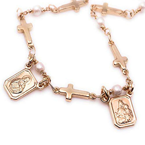 LESLIE BOULES Gold Plated Catholic Scapular Necklace for Women Cross Chain