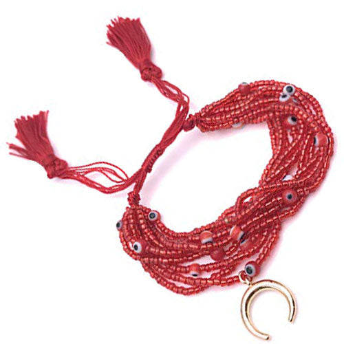 LESLIE BOULES Multi Strand Miyuki Glass Seed Beads Adjustable Tassel Bracelet Handmade Jewelry