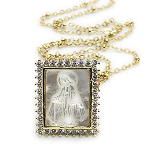 LESLIE BOULES Virgen La Milagrosa Necklace for Women 18 Inches Length Unique Mother Of Pearl Pendant