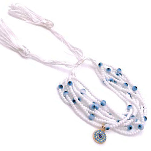 LESLIE BOULES Boho Multi Strand Glass Seed Beads Evil Eye Pendant Adjustable Tassel Bracelet Handmade Jewelry