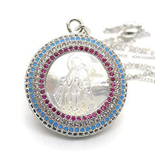 LESLIE BOULES Virgin Mary Necklace for Women Miraculous Medal Pendant Silver Plated Chain