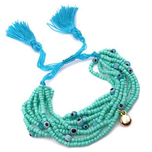 LESLIE BOULES Boho Chic Multi Strand Miyuki Glass Seed Beads Adjustable Tassel Bracelet Turquoise Color