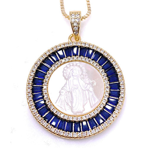 LESLIE BOULES Miraculous Mother of Pearl Medal Necklace for Women 18K Gold Plated Chain