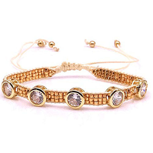 LESLIE BOULES Gold Plated Rhinestone Glass Seed Beads Adjustable Crystal Bracelet Fashion Jewelry