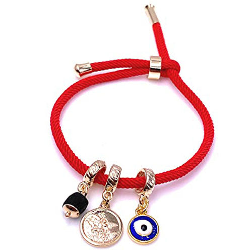 LESLIE BOULES Red Charm Bracelet Saint Michael Archangel Medal Genuine Azabache Stone and Blue Evil Eye Pendant