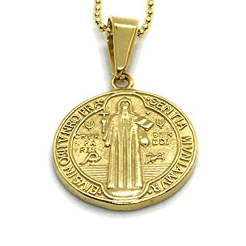 LESLIE BOULES Gold Saint Benedict Protection Medal 18K Plated Chain Necklace Religious Jewelry