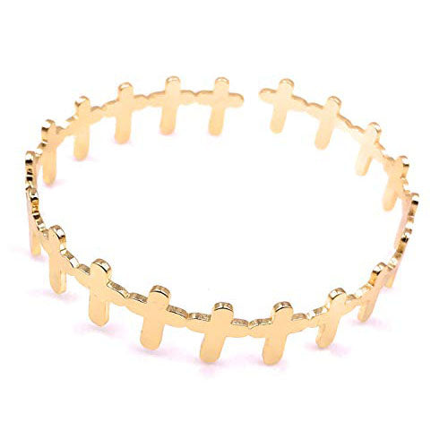 LESLIE BOULES Gold Plated Single Cuff Bracelet Adjustable Cross Design
