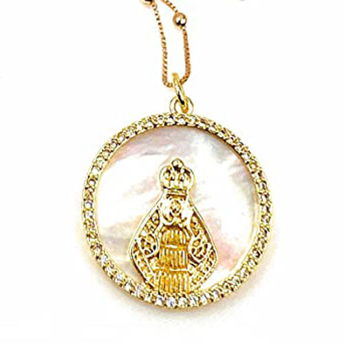 LESLIE BOULES Virgen del Valle Mother of Pearl Medal Necklace 18K Gold Plated Chain 18 Inches Length