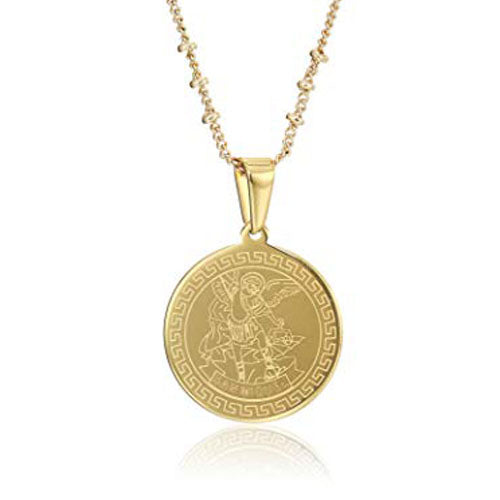 LESLIE BOULES Saint Michael Archangel Necklace 18 Inches Stainless Steel 18K Gold Plated Pendant