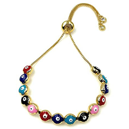 LESLIE BOULES Strand Evil Eyes Bracelet 18K Gold Plated Adjustable Chain Protection Jewelry