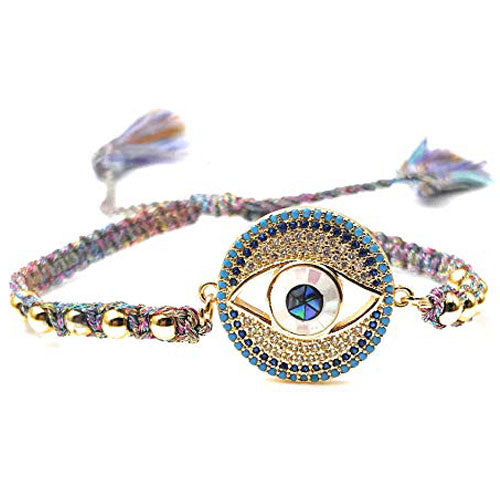 LESLIE BOULES Evil Eye Gold Plated Beads Bracelet Adjustable with Charm Colored Tassels