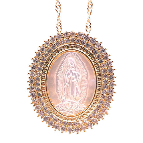 LESLIE BOULES Virgen de Guadalupe Medal Necklace 18.5 Inches Mother of Pearl Pendant