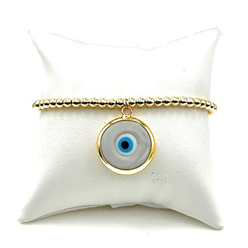 LESLIE BOULES Evil Eye Round Pendant Gold Beads Bracelet for Women Powerful Jewelry