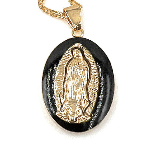 LESLIE BOULES Virgen de Guadalupe Black Medal Necklace 18K Gold Plated Chain Religious Jewelry for Women