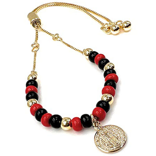 LESLIE BOULES Gold Saint Benedict Medal Bracelet for Women Protection Jewelry