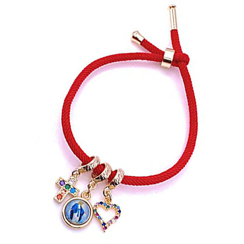 LESLIE BOULES Red Charm Bracelet 18K Gold Plated Miraculous Colored Medal & Dainty Cross And Heart Cubic Zirconia Pendants Religious Jewelry