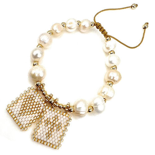 LESLIE BOULES White Gold Scapular Love Bracelet for Women Baroque Pearls Beads