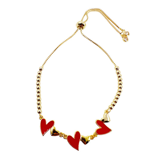 Handmade Gold-Plated Bead Bracelet with Red and Gold Heart Connectors - Adjustable, Modern Style, Perfect Gift