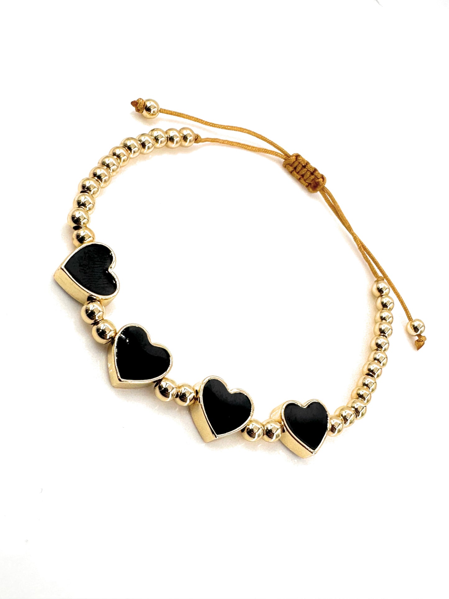 Handmade Gold-Plated Bead Bracelet with Black Heart Connectors - Adjustable, Modern Style, Perfect Gift