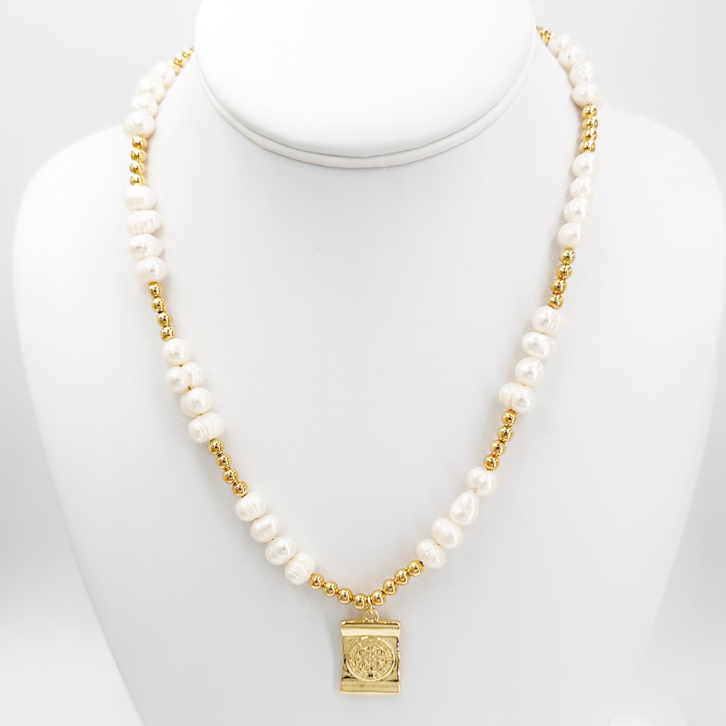 Handcrafted Baroque Pearl Necklace with Gold-Plated Beads and San Benito Cross Pendant - Elegance and Protection