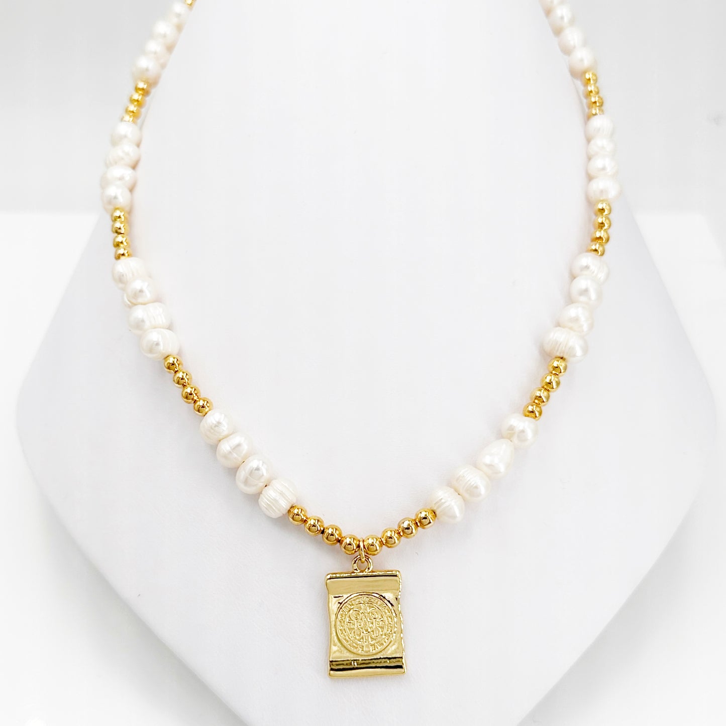 Handcrafted Baroque Pearl Necklace with Gold-Plated Beads and San Benito Cross Pendant - Elegance and Protection