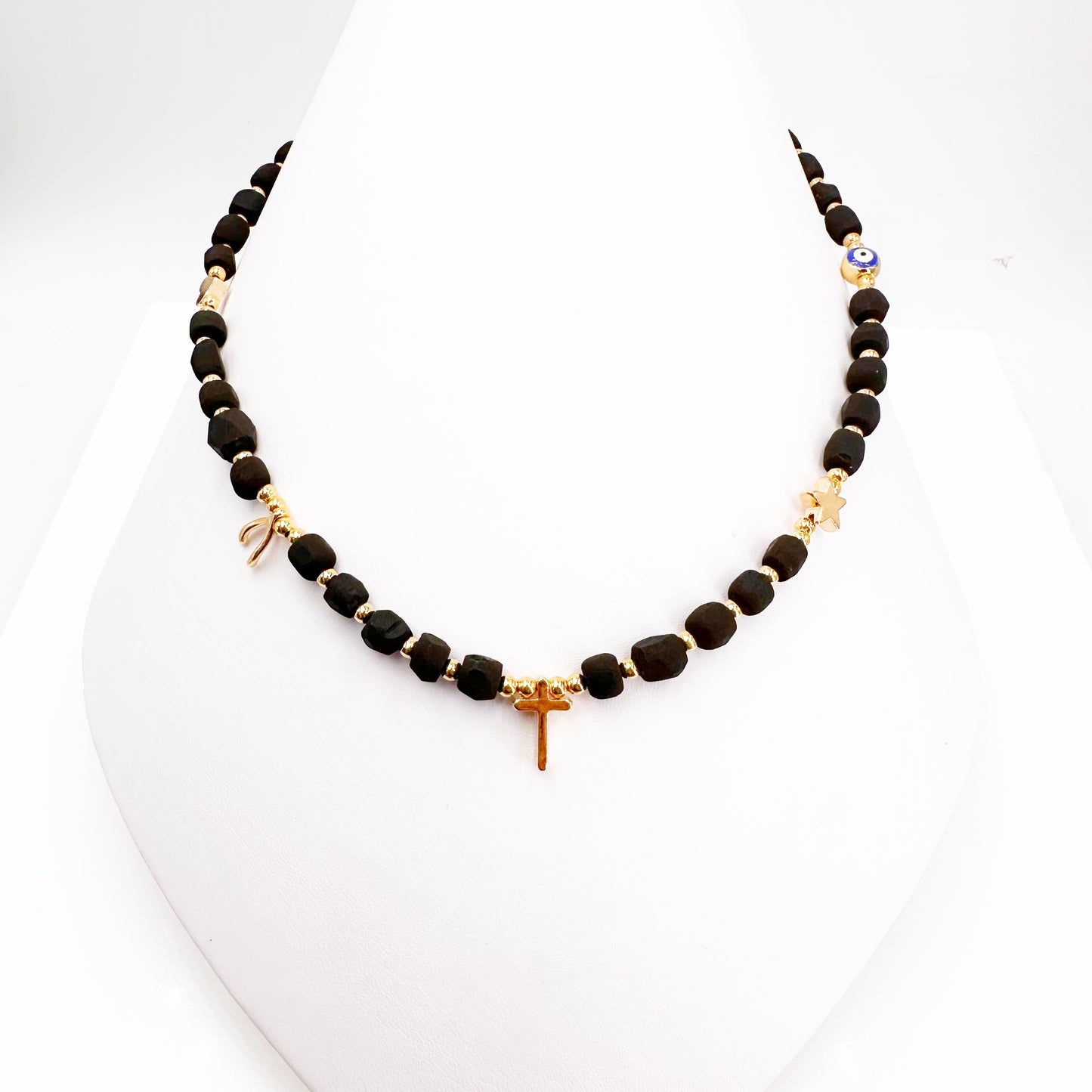 Genuine Azabache Stone and Gold Bead Choker Necklace - Unique Design by Leslie Boules, Elegance for Any Occasion