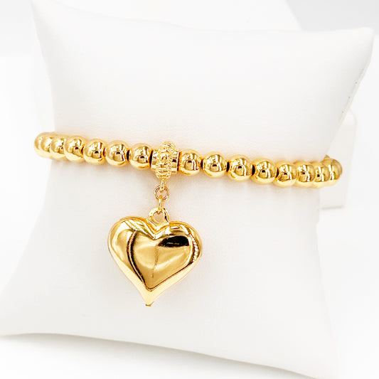 Handcrafted Gold-Plated Bead Bracelet with Gold Heart Polish Pendant Jewelry for Women