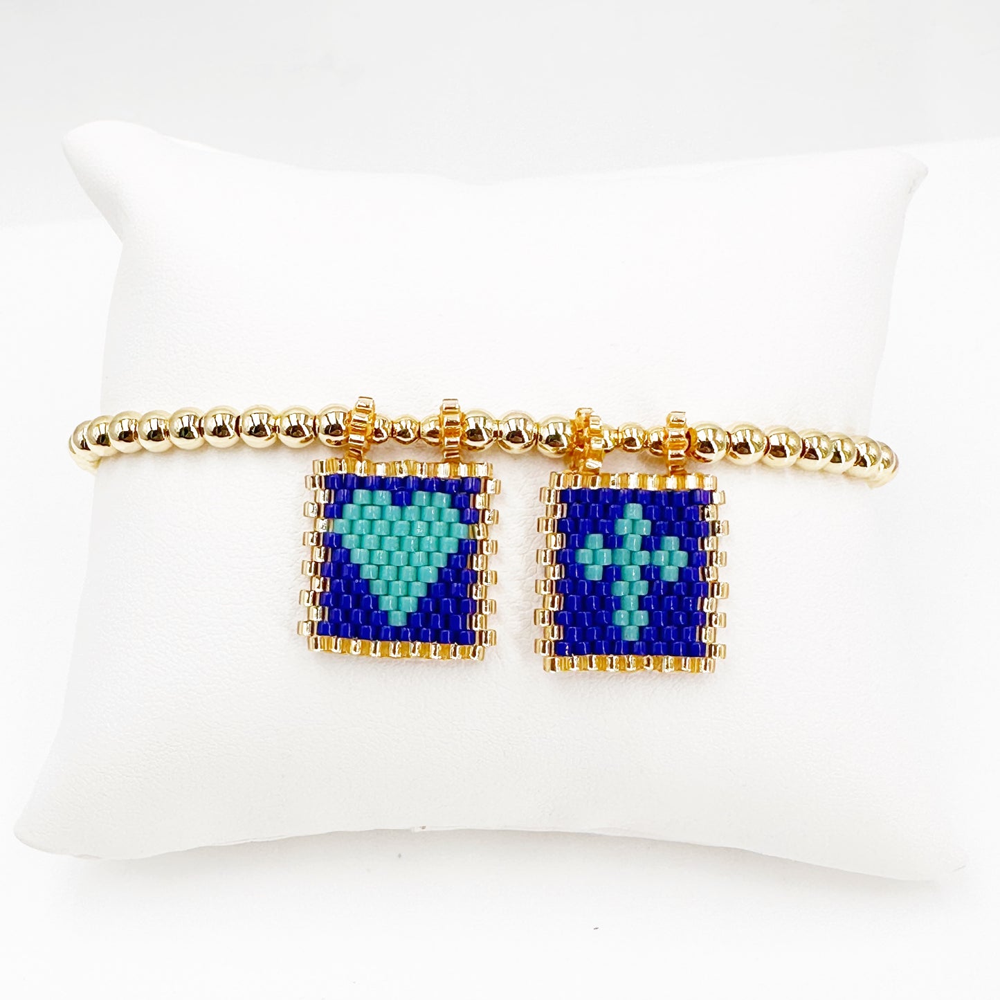 Handcrafted Gold-Plated Bead Bracelet with Intricate Dark Blue and Turquoise Miyuki Flags