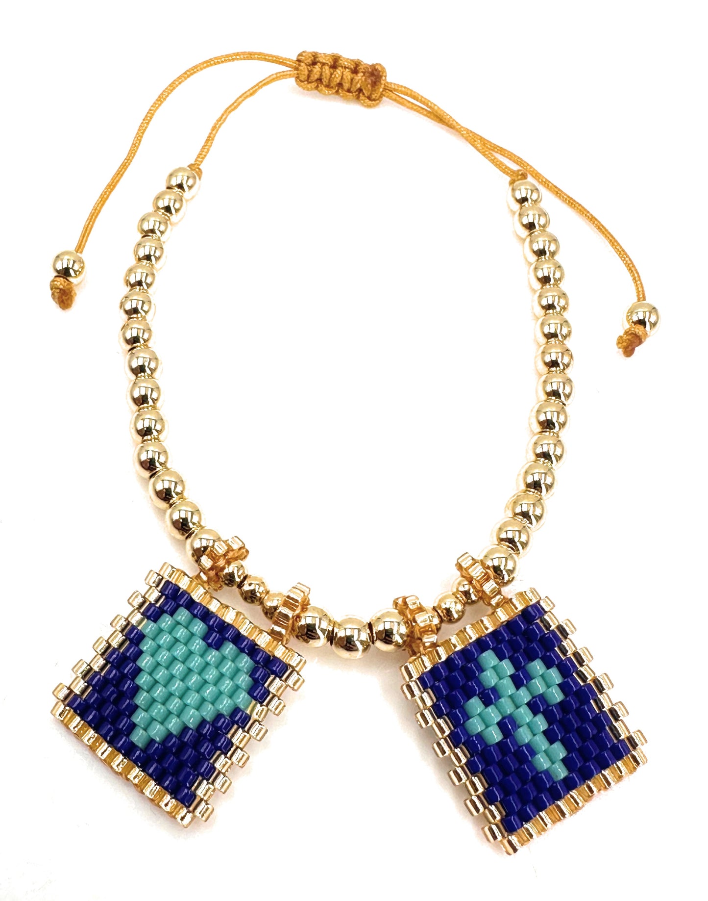 Handcrafted Gold-Plated Bead Bracelet with Intricate Dark Blue and Turquoise Miyuki Flags