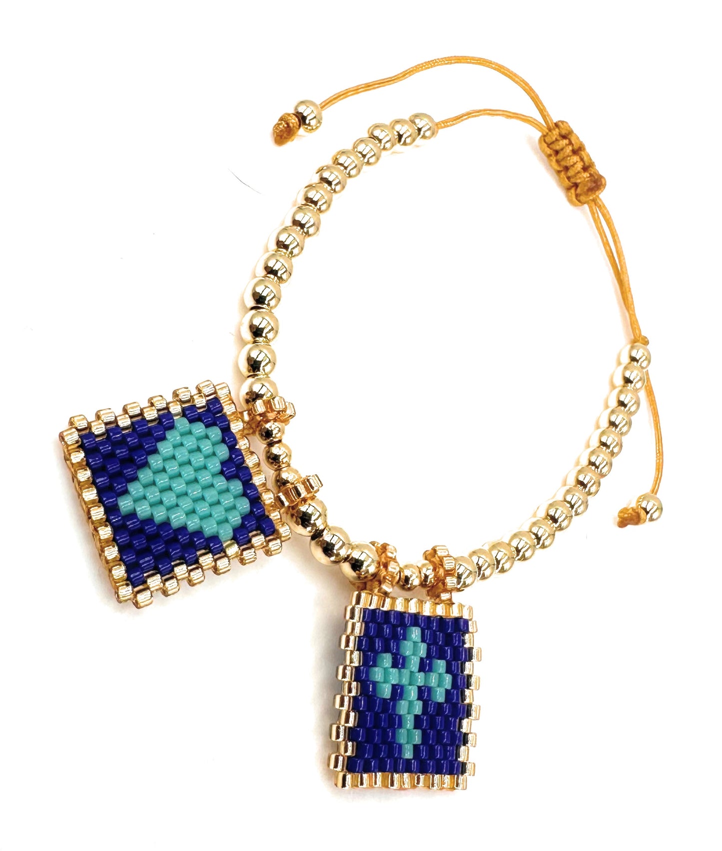 Handcrafted Gold-Plated Bead Bracelet with Intricate Dark Blue and Turquoise Miyuki Flags