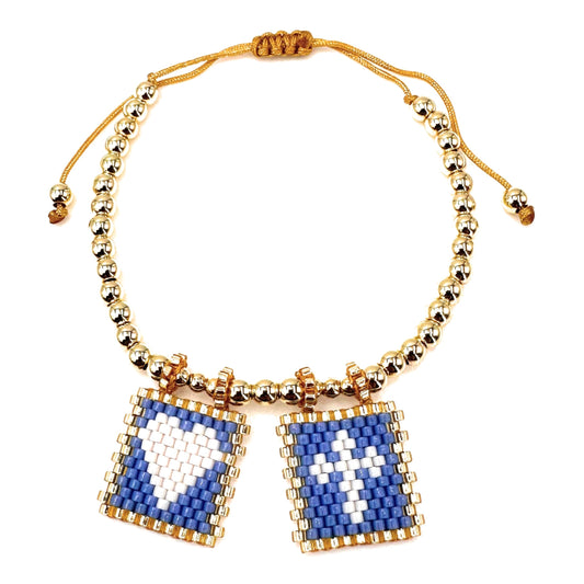 Handcrafted Gold-Plated Bead Bracelet with Handmade Light Blue Miyuki Flags