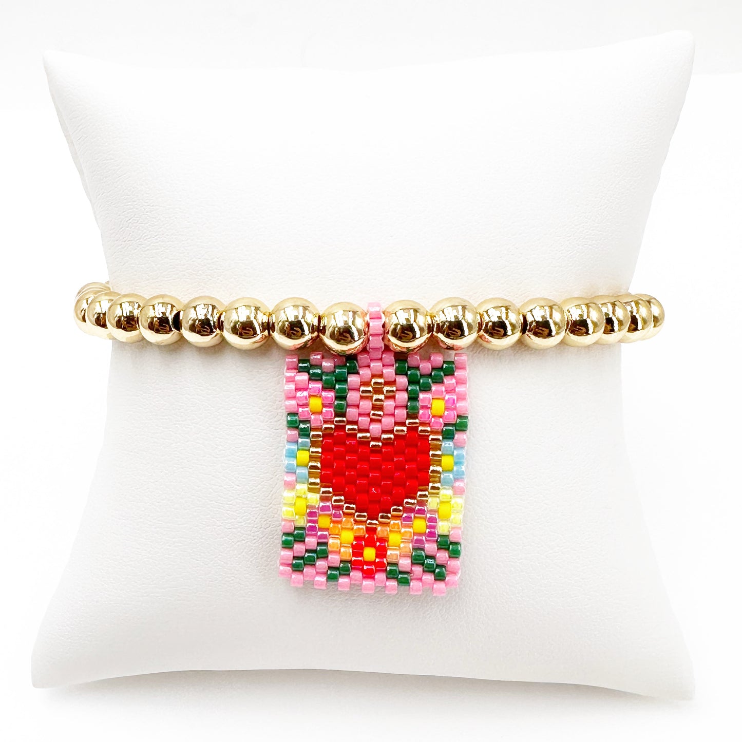 Handcrafted Gold-Plated Bracelet with Multicolored Miyuki Heart Flag Connector