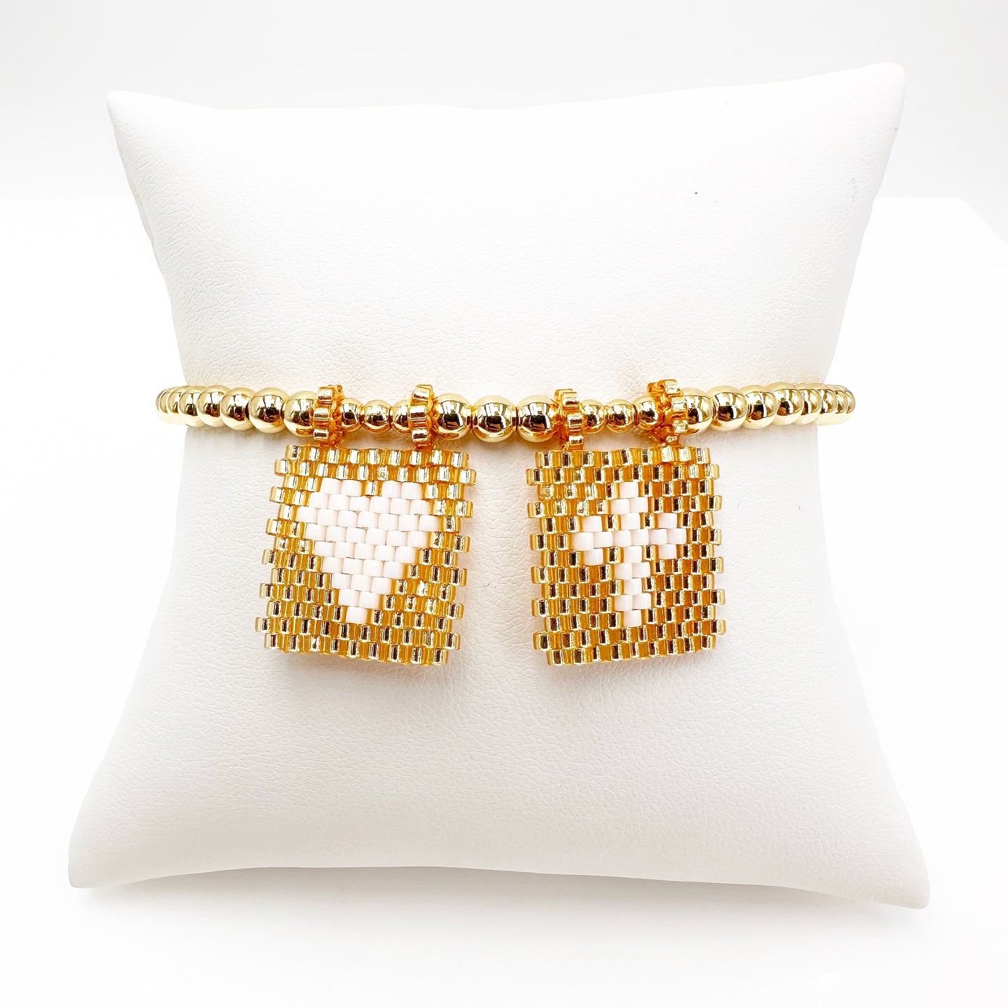 Handcrafted Gold-Plated Bead Bracelet with Intricate Gold & White Miyuki Flags