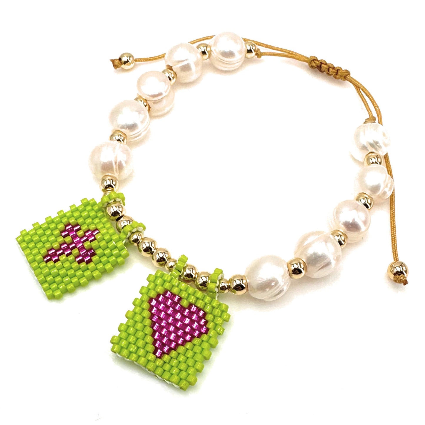 Handcrafted Pearl Bracelet with Gold-Plated Beads and Striking Apple Green & Purple Flags