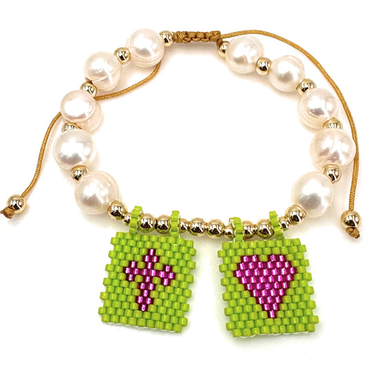 Handcrafted Pearl Bracelet with Gold-Plated Beads and Striking Apple Green & Purple Flags