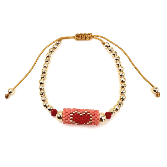 Handcrafted Gold-Plated Thread Bracelet with Multicolored Miyuki Heart Connector