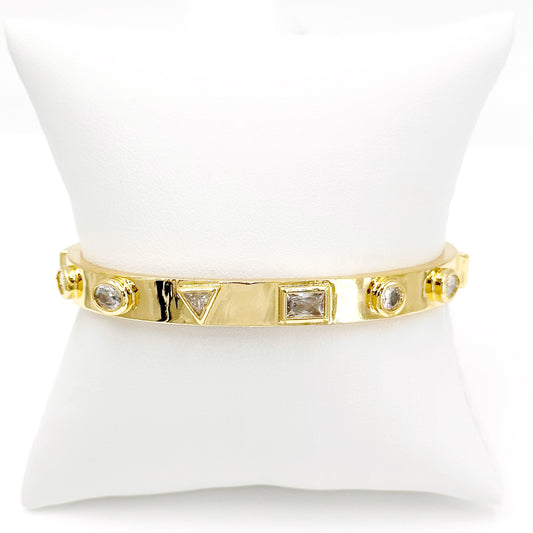 18K Gold-Plated Geometric Cuff Bracelet with Brilliant Clear Zircon Accents - Modern and Adjustable