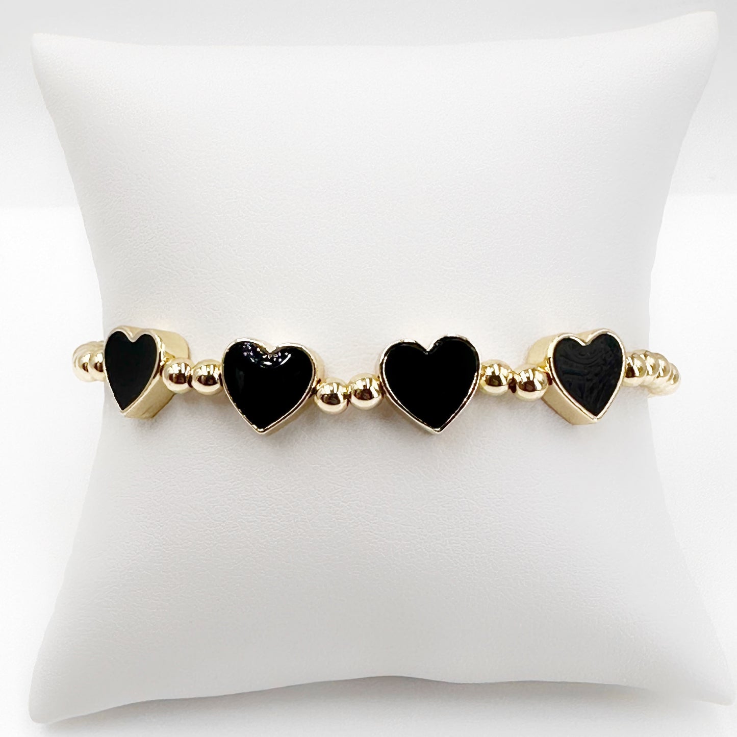 Handmade Gold-Plated Bead Bracelet with Black Heart Connectors - Adjustable, Modern Style, Perfect Gift